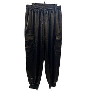 Plus size Black shiny jogger pants with cargo leg pockets